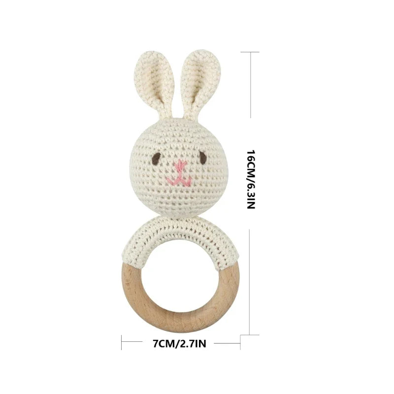 1pc Safety Wooden Baby Teether Crochet Cartoon Long Ear Bunny Baby Rattler Mobile Crib Rattle Bell Newborn Handbell Teething Toy