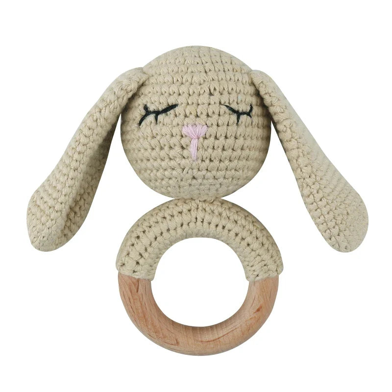 1pc Safety Wooden Baby Teether Crochet Cartoon Long Ear Bunny Baby Rattler Mobile Crib Rattle Bell Newborn Handbell Teething Toy