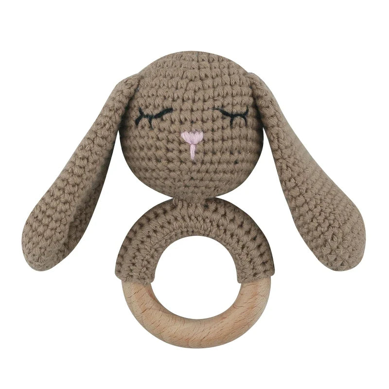 1pc Safety Wooden Baby Teether Crochet Cartoon Long Ear Bunny Baby Rattler Mobile Crib Rattle Bell Newborn Handbell Teething Toy