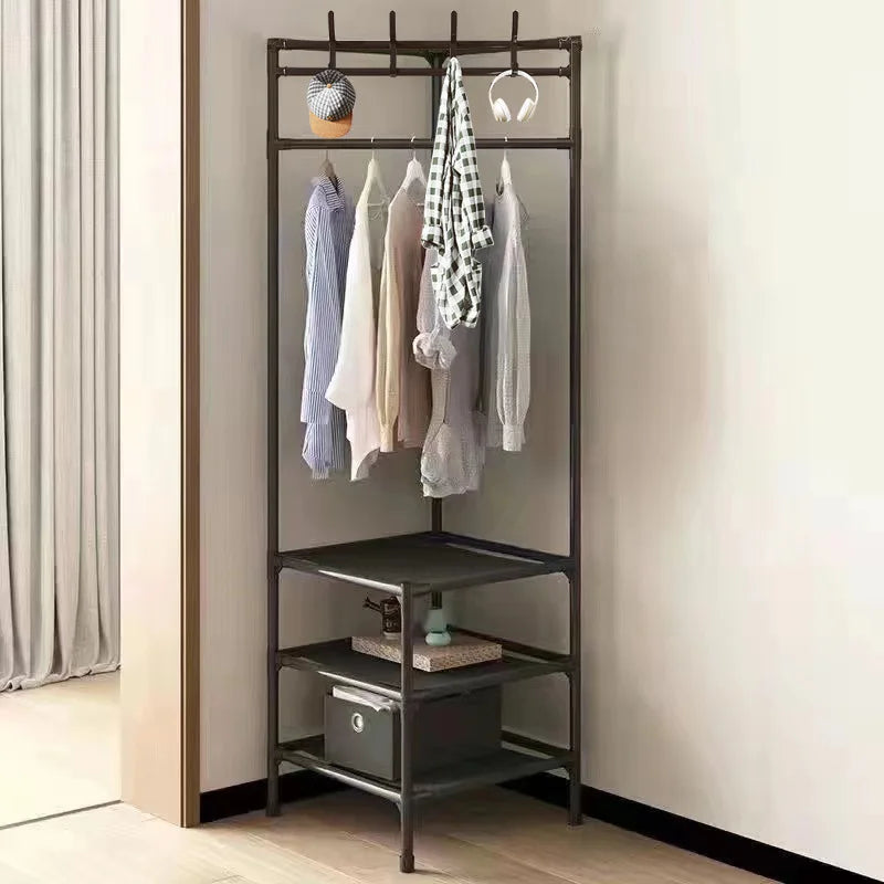 2/3 Layer Corner Coat Rack Multi-function Floor Standing Clothes Hanger Rack Removable Metal Clothing Storage Shelf Cabinet