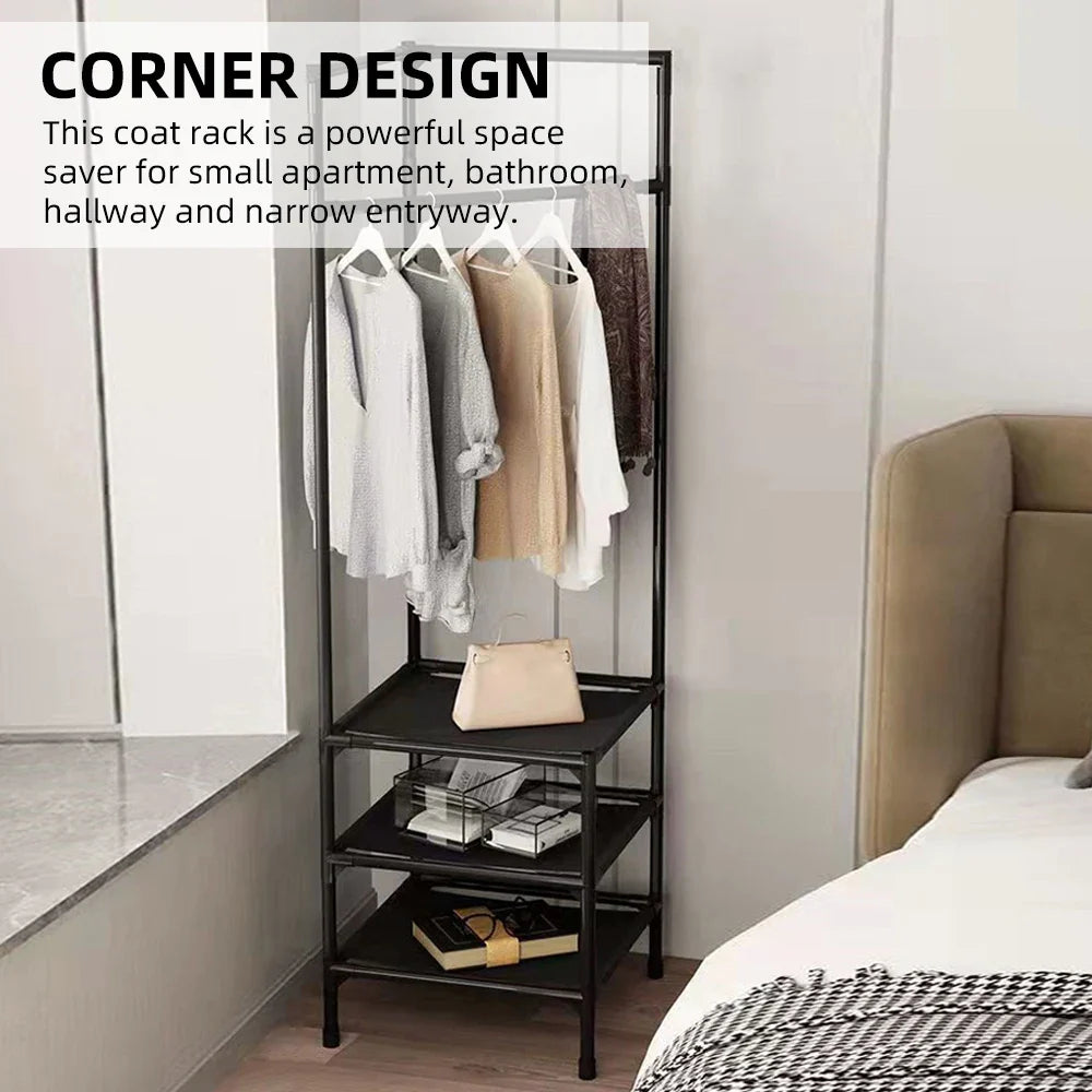 2/3 Layer Corner Coat Rack Multi-function Floor Standing Clothes Hanger Rack Removable Metal Clothing Storage Shelf Cabinet