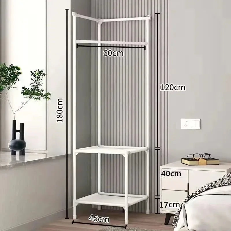 2/3 Layer Corner Coat Rack Multi-function Floor Standing Clothes Hanger Rack Removable Metal Clothing Storage Shelf Cabinet