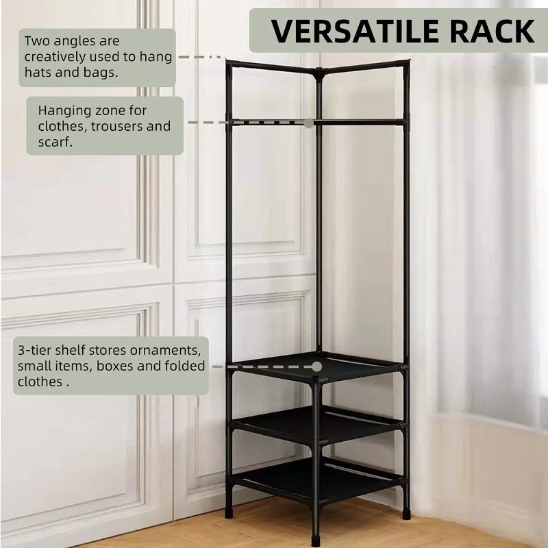 2/3 Layer Corner Coat Rack Multi-function Floor Standing Clothes Hanger Rack Removable Metal Clothing Storage Shelf Cabinet