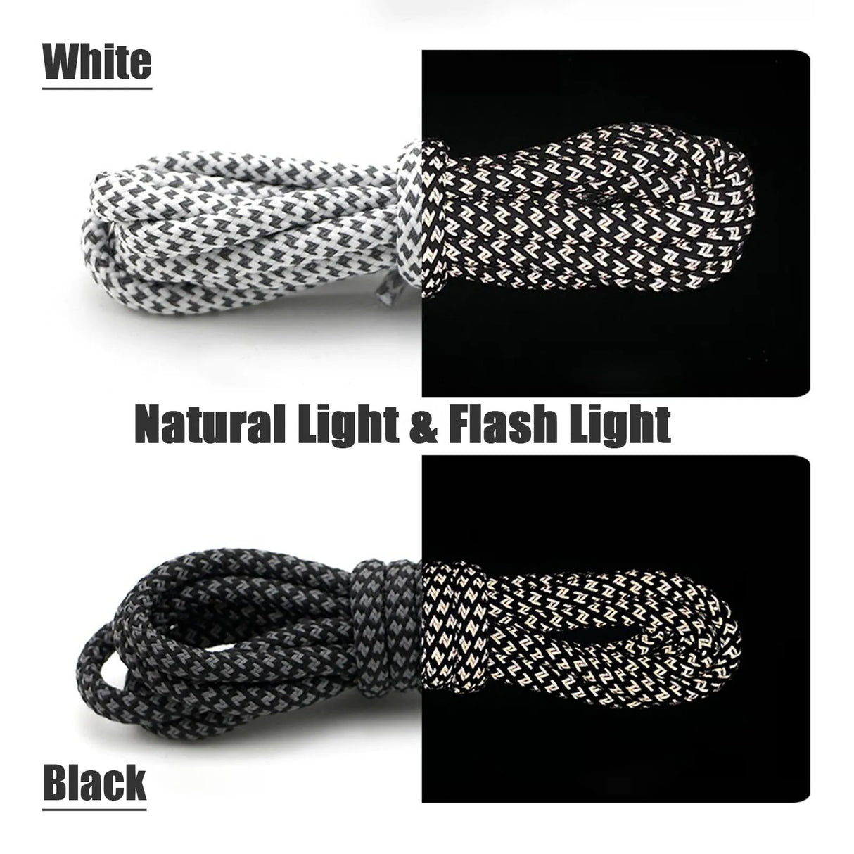 2 Pairs Thick Round Reflective ShoeLaces Black White Safety Highlight Rope Laces Noctilucent Light Fluorescence