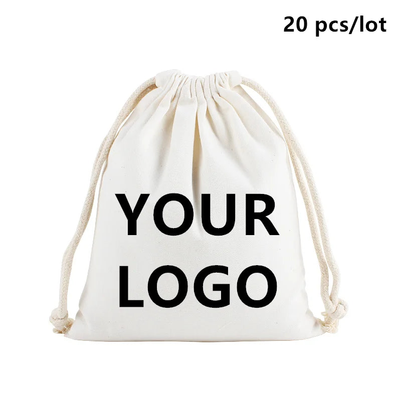 20 Pcs/Lot Customize Logo Printing Cotton Storage Bags Gift Package Custom Pictures Text Personalize Plain Drawstring Pouches