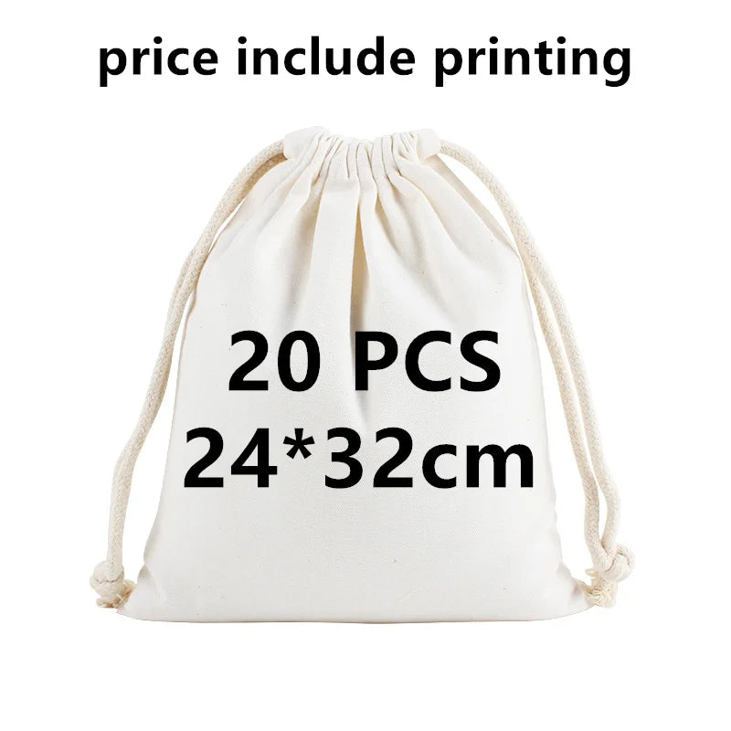 20 Pcs/Lot Customize Logo Printing Cotton Storage Bags Gift Package Custom Pictures Text Personalize Plain Drawstring Pouches