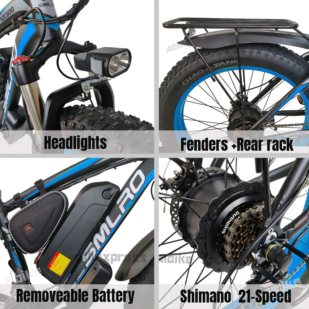 2000W Fat Tire Electric Bike 48V 22Ah 26" Electric Mountain Bikes 55km/h Ebike for Adults 21 Speed Hydraulic Brakes