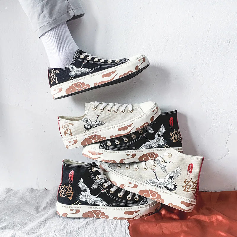 2021 High-Top Canvas Shoes Women's Shoes Chinese Style Retro Chic Sneakers Girls Gumshoes Floral Crane Female Leisure Shoe 35-40