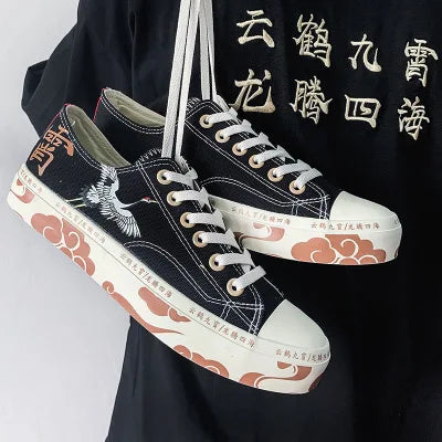 2021 High-Top Canvas Shoes Women's Shoes Chinese Style Retro Chic Sneakers Girls Gumshoes Floral Crane Female Leisure Shoe 35-40