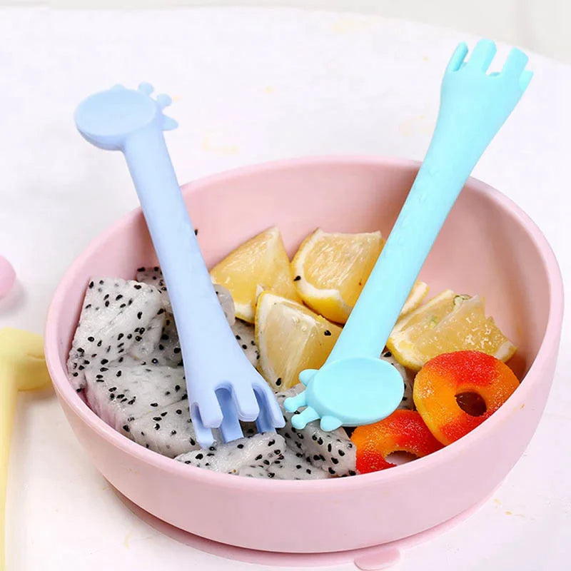 2021 NEW Silicone Spoon Giraffe Bpa Free 1Pc Feeder Fork Two In One Safety Tableware Infant Learning Spoons Teether Utensil