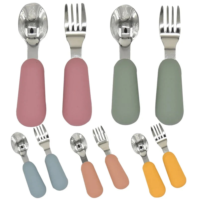 2022 New Baby Gadgets Tableware Set Children Utensil Stainless Steel Dinnerware Cutlery Cartoon Infant Food Feeding Spoon Fork