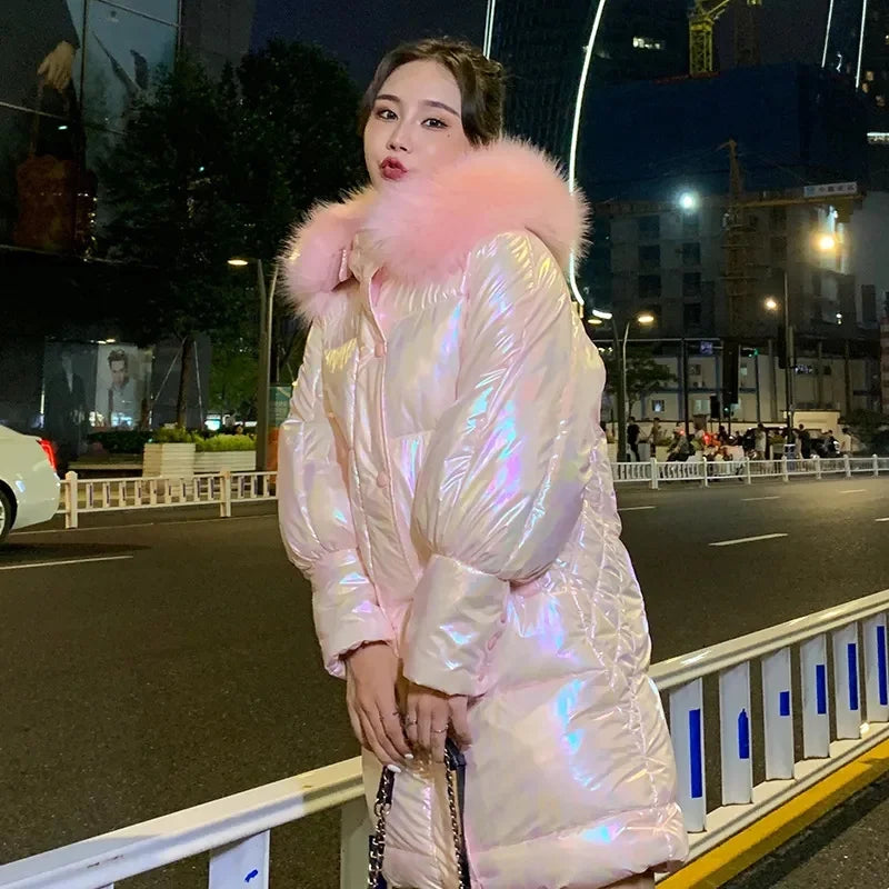 2022 New Winter Parkas Thicken Women's Jacket Puffer Coat Glossy Warm Fur Collar Hooded Long Female Down Cotton Parka Outwear