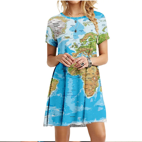 2022 Summer Women Dress World Map Print Short Sleeve O-Neck Casual Loose Dress Fashion Street Ladies Oversized Clothing Vestidos