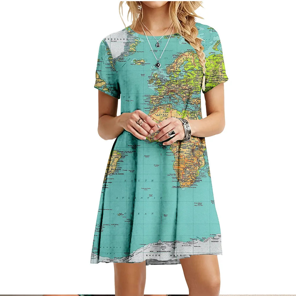 2022 Summer Women Dress World Map Print Short Sleeve O-Neck Casual Loose Dress Fashion Street Ladies Oversized Clothing Vestidos