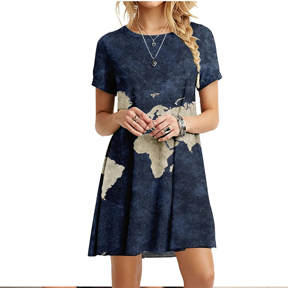 2022 Summer Women Dress World Map Print Short Sleeve O-Neck Casual Loose Dress Fashion Street Ladies Oversized Clothing Vestidos