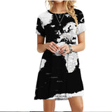 2022 Summer Women Dress World Map Print Short Sleeve O-Neck Casual Loose Dress Fashion Street Ladies Oversized Clothing Vestidos