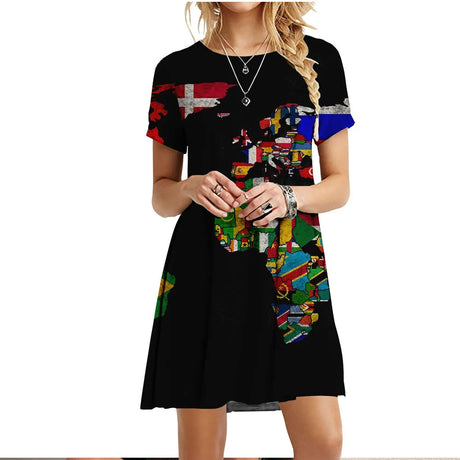 2022 Summer Women Dress World Map Print Short Sleeve O-Neck Casual Loose Dress Fashion Street Ladies Oversized Clothing Vestidos