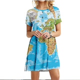 2022 Summer Women Dress World Map Print Short Sleeve O-Neck Casual Loose Dress Fashion Street Ladies Oversized Clothing Vestidos