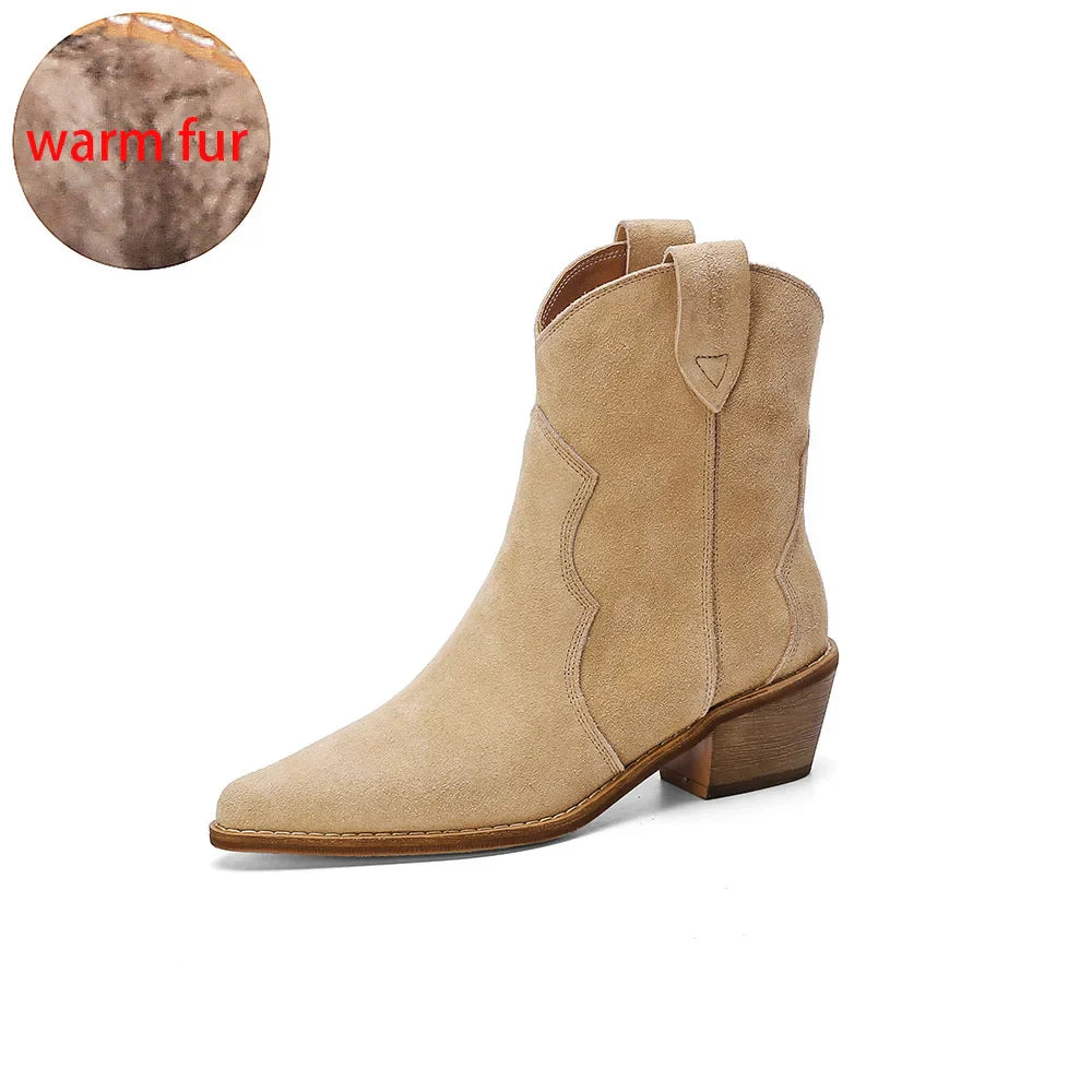 2022 Winter Classic Chelsea Boots for Woman Cow Suede Pointy toe Wedge Heel Ankle Boots Simple Comfortable Cowboy Boots Female