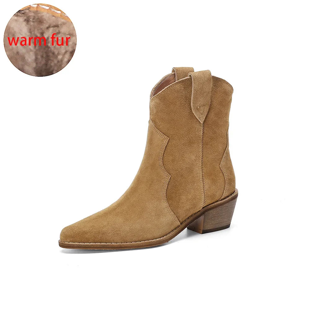 2022 Winter Classic Chelsea Boots for Woman Cow Suede Pointy toe Wedge Heel Ankle Boots Simple Comfortable Cowboy Boots Female