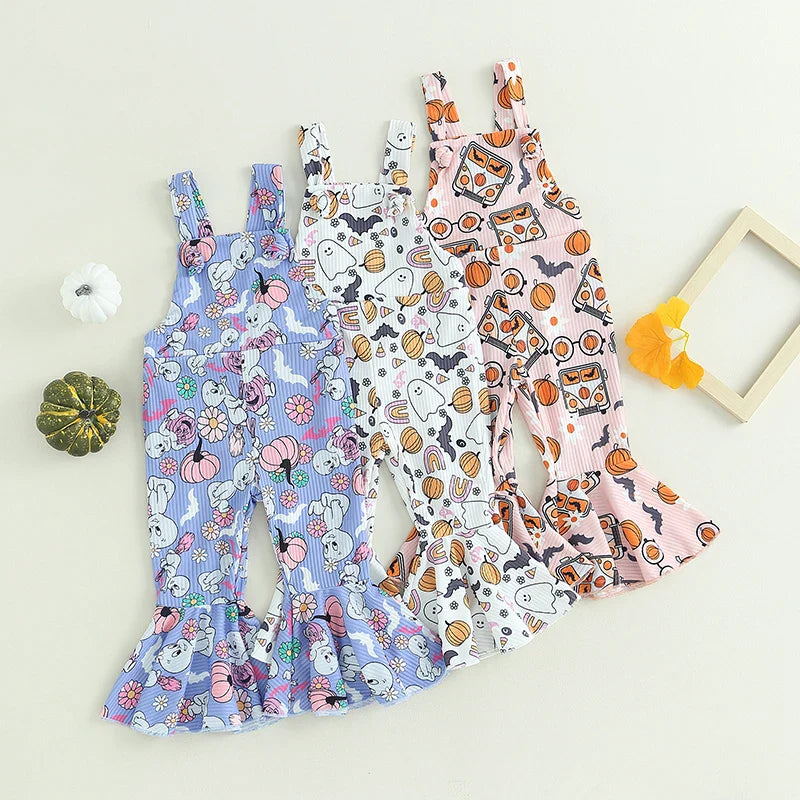 2023-06-16 Lioraitiin 0-4Years Baby Girl Halloween Jumpsuit Overalls Sleeveless Backless Cartoon Print Romper Bell-Bottoms