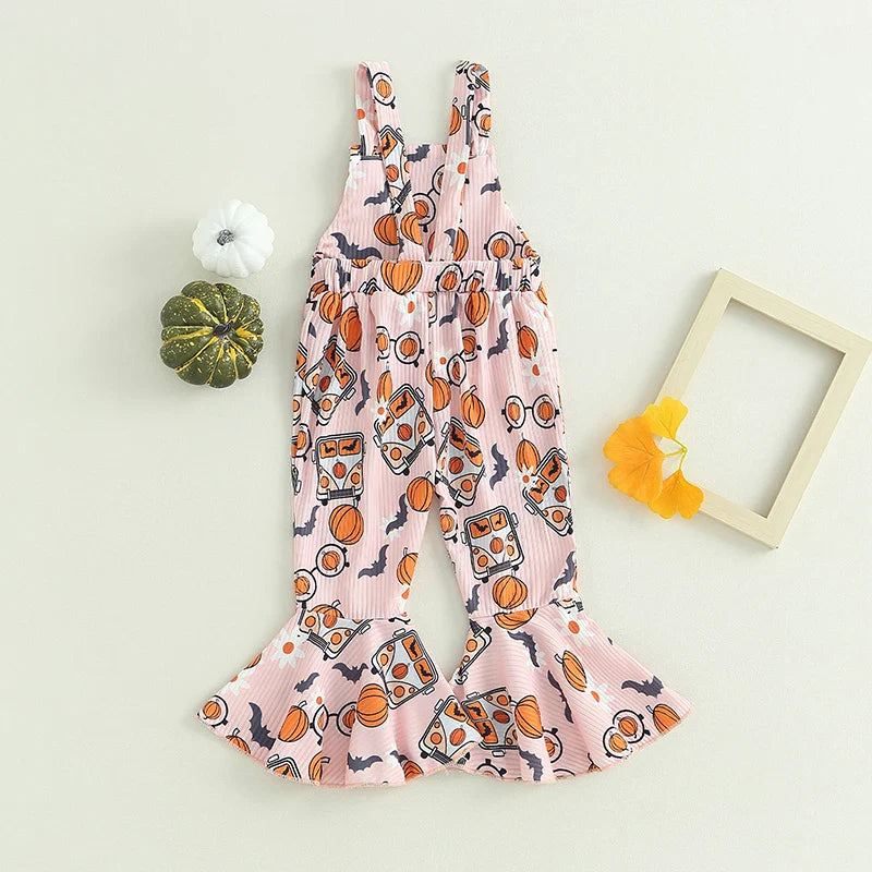 2023-06-16 Lioraitiin 0-4Years Baby Girl Halloween Jumpsuit Overalls Sleeveless Backless Cartoon Print Romper Bell-Bottoms