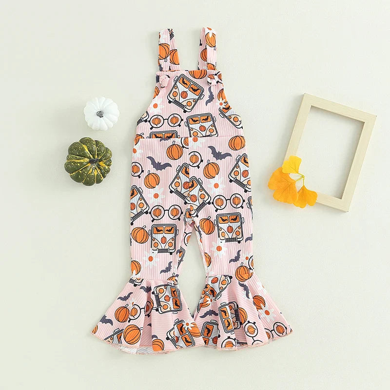 2023-06-16 Lioraitiin 0-4Years Baby Girl Halloween Jumpsuit Overalls Sleeveless Backless Cartoon Print Romper Bell-Bottoms