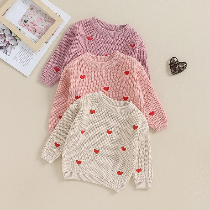 2023-10-12 Lioraitiin 0-18M Baby Girl Knit Sweater Love Heart Embroidery Sweatshirt Pullover Tops Infant Valentine's Day Clothes