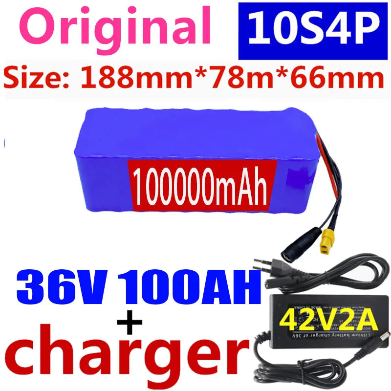 2023 100% Original 36V 10S4P 100Ah Battery Pack 1000W High Power Battery 42V 100000mAh Ebike Electric Bike BMS+42V2A Charger