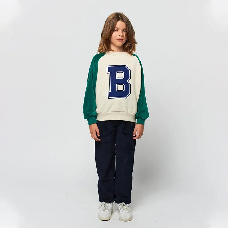 2023 Autumn/Winter Girls' Raglan Sleeves Color Block Letter Plush Pullover Velvet Children's Shake Fleece Sweater Pants BC Set