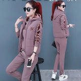 2023 Autumn Winter New Women's Casual Sweat Suit Fashion Plush Thickened Hooded Tops Waistcoat Pants 3 Three Piece Set For Women