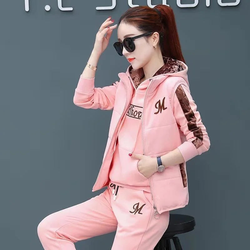 2023 Autumn Winter New Women's Casual Sweat Suit Fashion Plush Thickened Hooded Tops Waistcoat Pants 3 Three Piece Set For Women