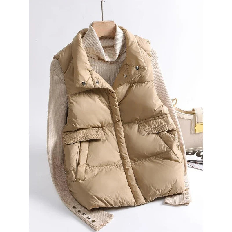 2023 Autumn Winter Ultra Light Thin Duck Down Jacket Women Quilted Short Warm Basic Vest Casual Pocket Waistcoat Female Coat