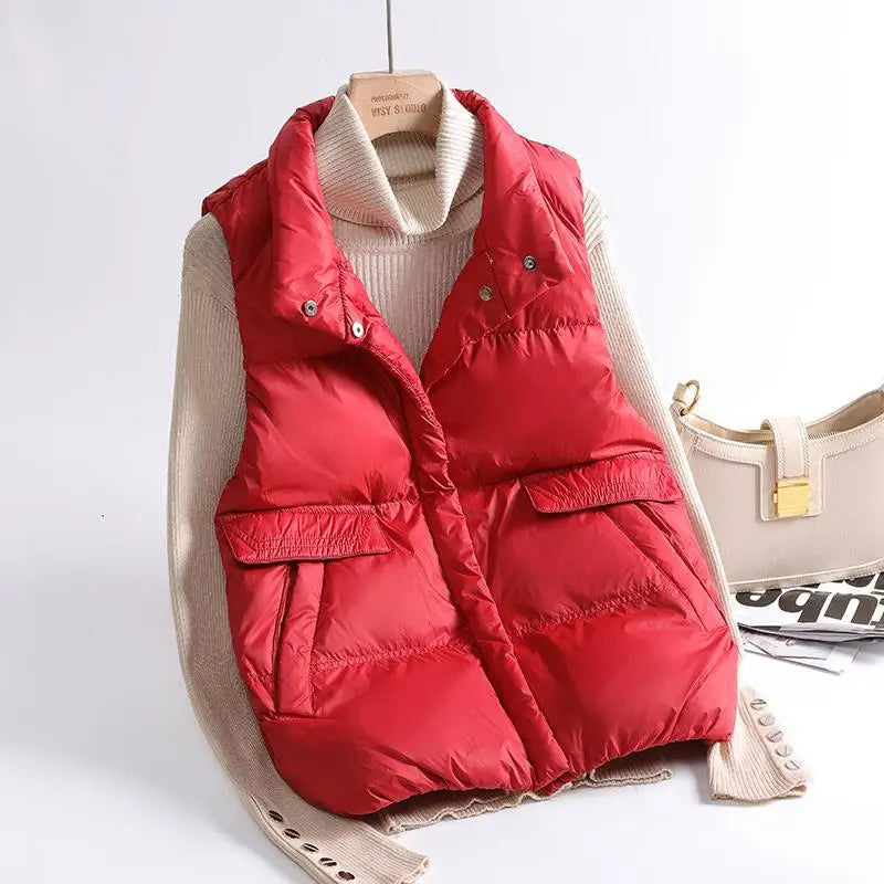 2023 Autumn Winter Ultra Light Thin Duck Down Jacket Women Quilted Short Warm Basic Vest Casual Pocket Waistcoat Female Coat