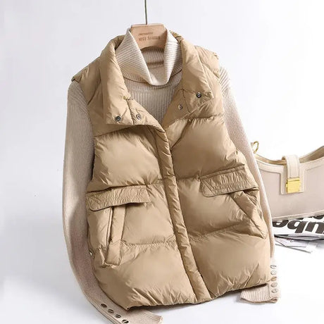 2023 Autumn Winter Ultra Light Thin Duck Down Jacket Women Quilted Short Warm Basic Vest Casual Pocket Waistcoat Female Coat