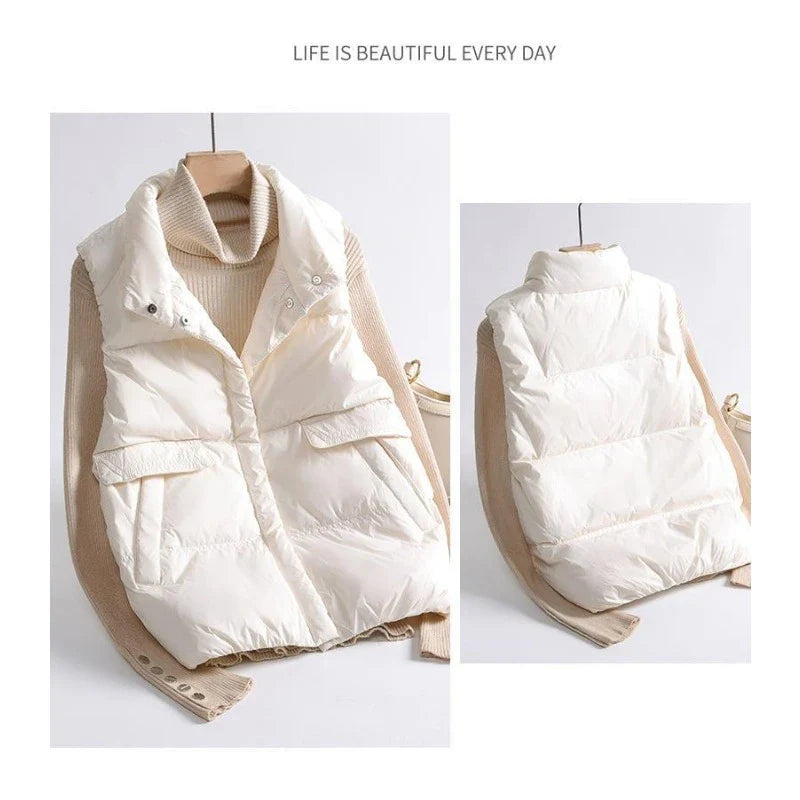 2023 Autumn Winter Ultra Light Thin Duck Down Jacket Women Quilted Short Warm Basic Vest Casual Pocket Waistcoat Female Coat