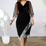 2023 European and American New Plus Size Women's Independent Station Gold Velvet Irregular Sequin Sheer Mesh Dress