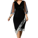 2023 European and American New Plus Size Women's Independent Station Gold Velvet Irregular Sequin Sheer Mesh Dress