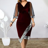 2023 European and American New Plus Size Women's Independent Station Gold Velvet Irregular Sequin Sheer Mesh Dress