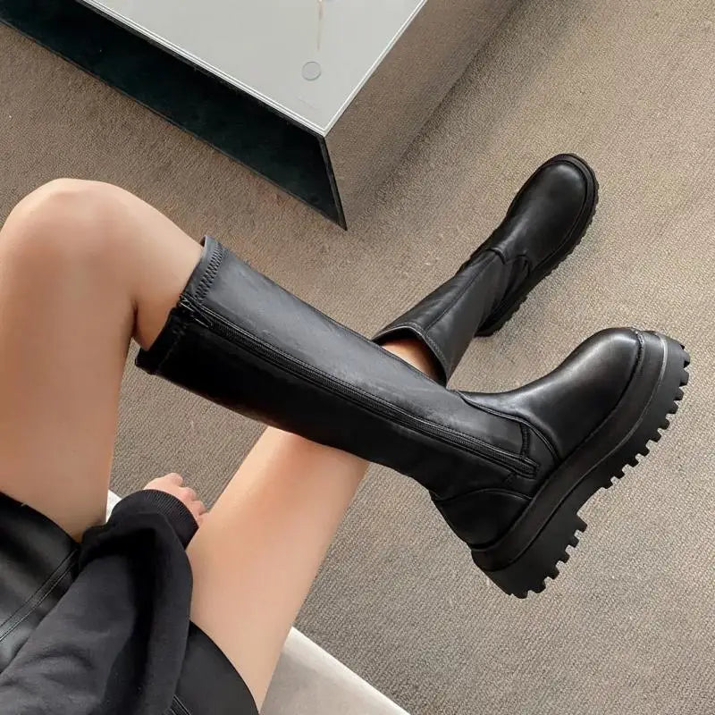 2023 Fashion Platform Women Combat Winter Heels Quality Long Thigh High Botas Zipper Knee High Boots for Girls Mujer 40