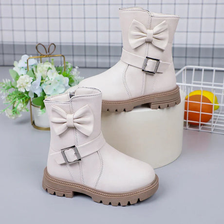 2023 Girls Boots Bow Kids Fashion Buckle Cool Solid Color Toddler Girls Shoes Children Casual Boots Versatile Spring New Simple