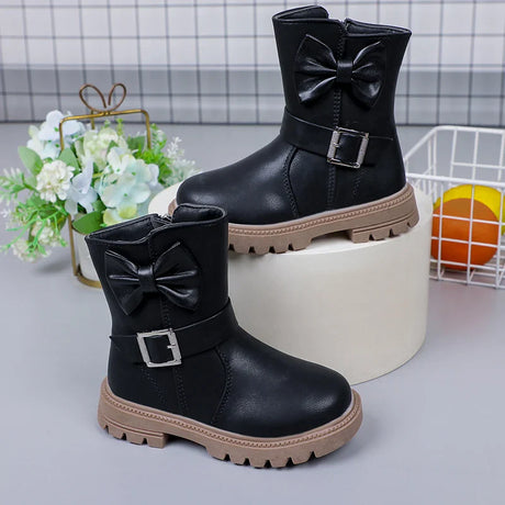 2023 Girls Boots Bow Kids Fashion Buckle Cool Solid Color Toddler Girls Shoes Children Casual Boots Versatile Spring New Simple