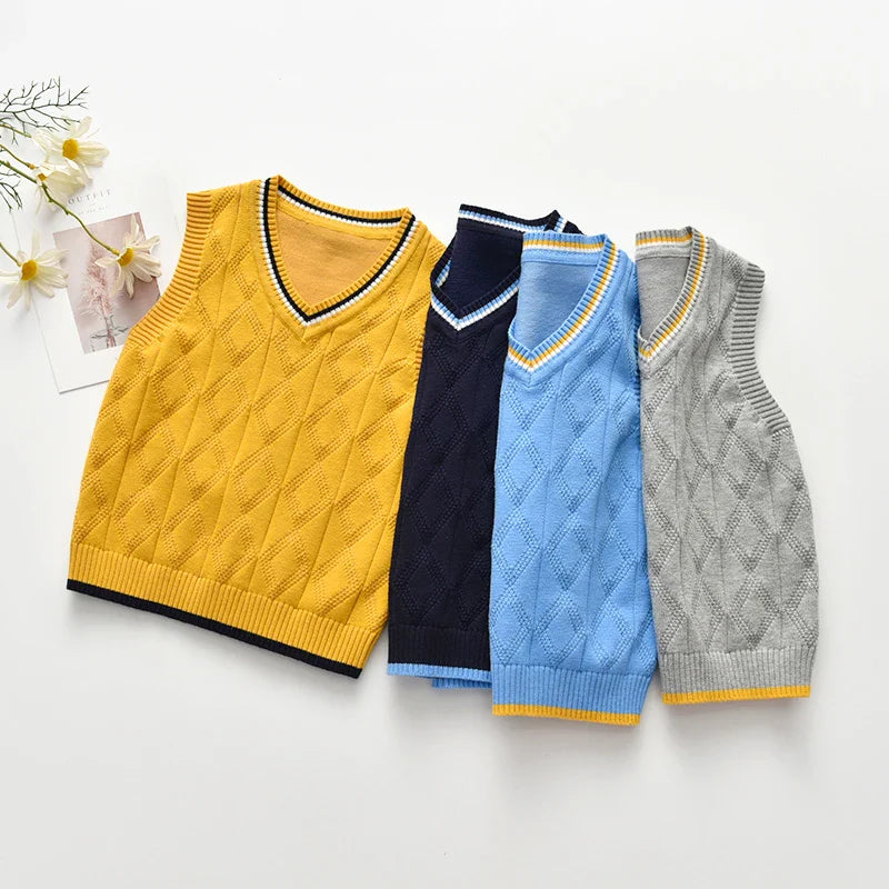 2023 Ins New Fashion Boys Sweater Vest Children Autumn Winter Vest Knit Sweater Plaid Boys Vest