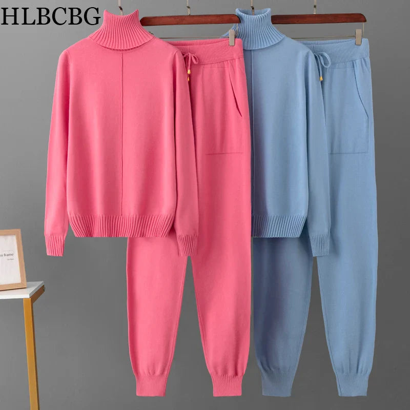 2023 New 2 Pieces Set Women Knitted Tracksuit Turtleneck Sweater Carrot Jogging Pants Pullover Sweater Set CHIC Knitted Outwear