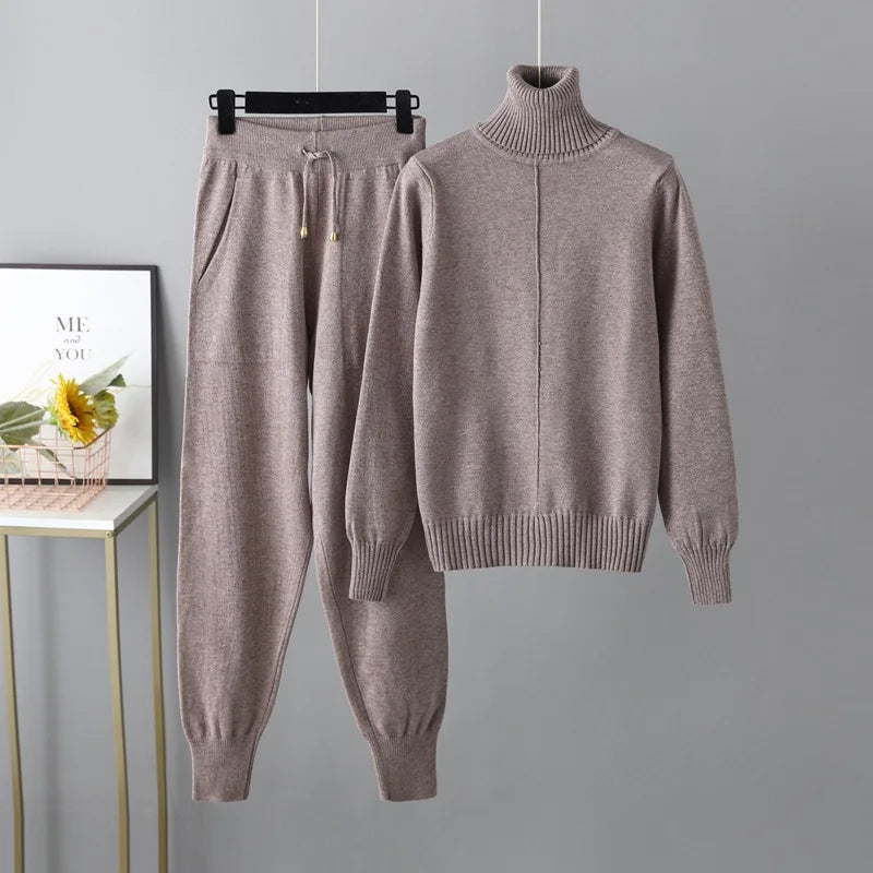 2023 New 2 Pieces Set Women Knitted Tracksuit Turtleneck Sweater Carrot Jogging Pants Pullover Sweater Set CHIC Knitted Outwear