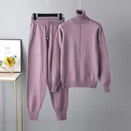 2023 New 2 Pieces Set Women Knitted Tracksuit Turtleneck Sweater Carrot Jogging Pants Pullover Sweater Set CHIC Knitted Outwear