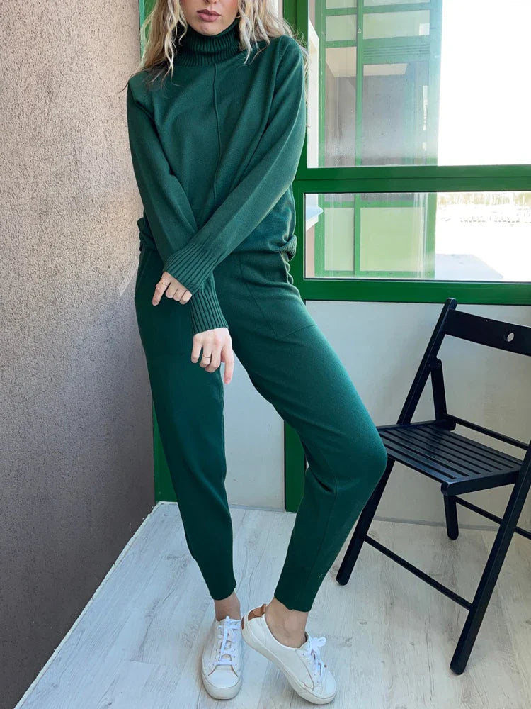 2023 New 2 Pieces Set Women Knitted Tracksuit Turtleneck Sweater Carrot Jogging Pants Pullover Sweater Set CHIC Knitted Outwear