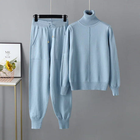 2023 New 2 Pieces Set Women Knitted Tracksuit Turtleneck Sweater Carrot Jogging Pants Pullover Sweater Set CHIC Knitted Outwear