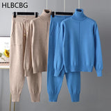 2023 New 2 Pieces Set Women Knitted Tracksuit Turtleneck Sweater Carrot Jogging Pants Pullover Sweater Set CHIC Knitted Outwear