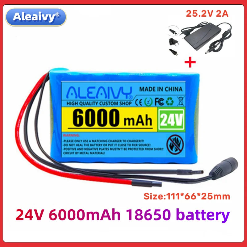 2023 New 24V 6Ah 25.2V 6S1P 18650 Li-Ion Battery Pack for Electric Motor Bicycle E-Bike Scooter Toys Drill with BMS